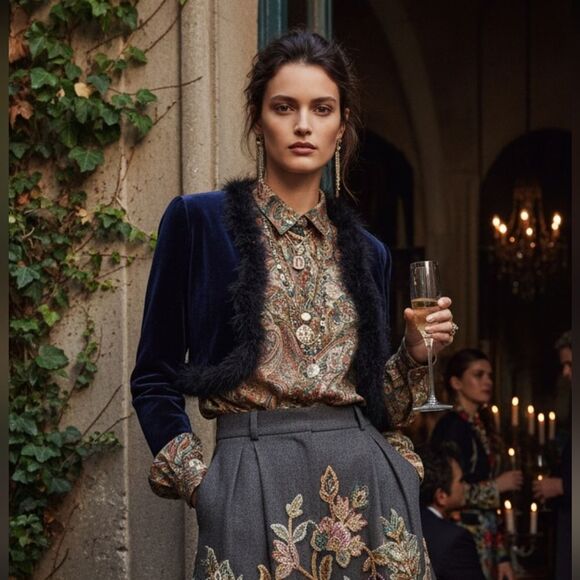 M Studio Midnight Blue Velvet Shrug Feather Trimmed Size s - Picture 9 of 9